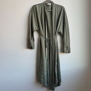Ettitude Robe Womens S/M Green Kimono Sleeve Clean Bamboo Tie Waist Button Side